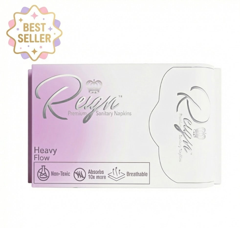 Box of Reigh premium sanitary napkins with purple and white design on a white background