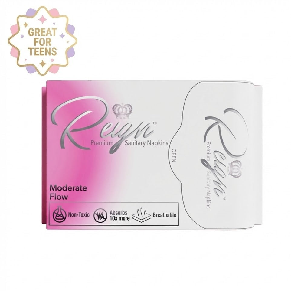 Box of Reign premium sanitary napkins with pink and white design on a white background